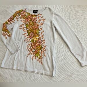 Bob Mackie White Long Sleeve Cotton Sweater with Floral Design